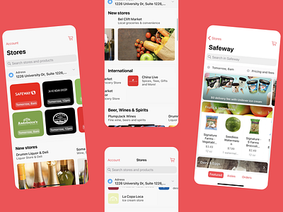 Grocery Mobile App app app design design e commerce app food drink grocery delivery app local shopping mobile ui mobile ux red white theme search function shopping cart store locator ui ui design user experience user interface ux ux design uxui
