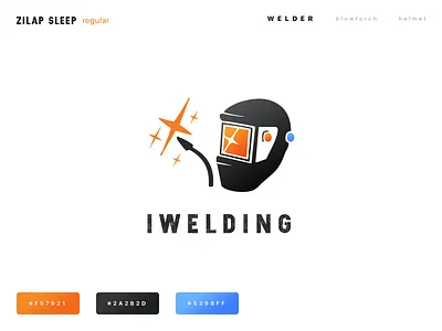 IWELDING Logotype blowtorch brand branding color schemes french enterprise graphic design helmet icons designer illustration illustrator ai iwelding logo logotype manual profession orange dark blue photoshop psd print designer senior designer typo typography ui ux designer welder zilag sleep font$