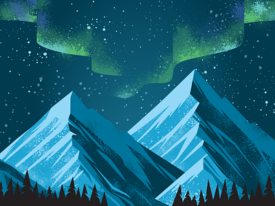 Aurora in Snow Mountains 🏔 art aurora blue branding cute flat forest graphic design green illustration merry dancers mountain night north light starry sky vector