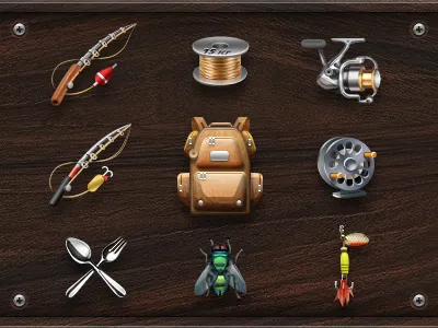 Fishing Icons backpack fishing fly icon reel rod wood