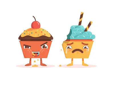Cupcakes 2d illustration bite character design cherry crying cupcake hunger