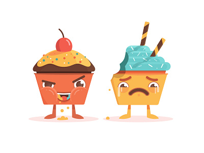 Cupcakes 2d illustration bite character design cherry crying cupcake hunger