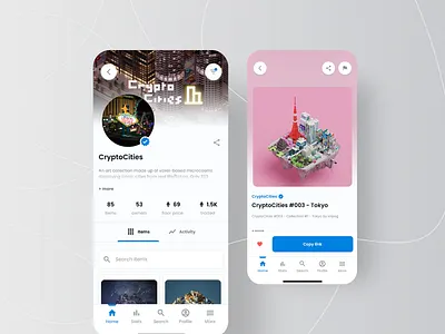 NFT Marketplace App: CryptoCities app design blockchain crypto design digital collectibles ethereum mobile app design mobile ui mobile ux nft app nft art nft marketplace nfts trading ui design user experience user interface ux design uxui white mode