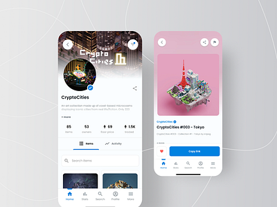 NFT Marketplace App: CryptoCities app design blockchain crypto design digital collectibles mobile app design mobile ui mobile ux nft app nft art nft marketplace trading ui ui design user experience user interface ux ux design uxui white mode