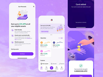 Crypto Investment & Rewards App app app design blockchain crypto app design digital assets finance fintech interface design investment mobile mobile ui mobile ux rewards trading ui ui design ux ux design uxui