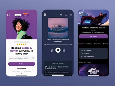 Meditation & Self-Improvement App app app design app ui audio therapy calm peace design guided meditation meditation mental health mindfulness mobile app design mobile ux pain relief personal development relaxation self improvement serenity ui design ux design uxui