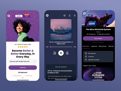 Meditation & Self-Improvement App app app design app ui audio therapy calm peace design guided meditation meditation mental health mindfulness mobile app design mobile ux pain relief personal development relaxation self improvement serenity ui design ux design uxui