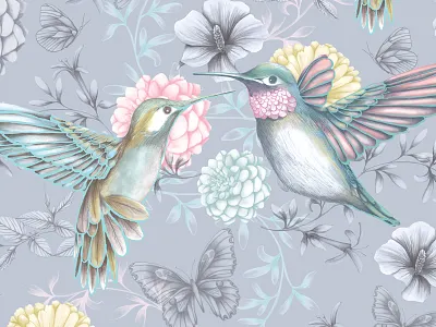 Hummingbirds Pattern birds butterflies flowers garden grey hummingbirds nature pastels pattern