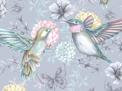 Hummingbirds Pattern birds butterflies flowers garden grey hummingbirds nature pastels pattern