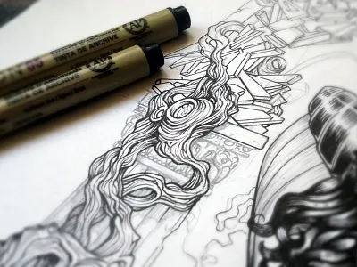 Bird - column detail black column draw ink inking three