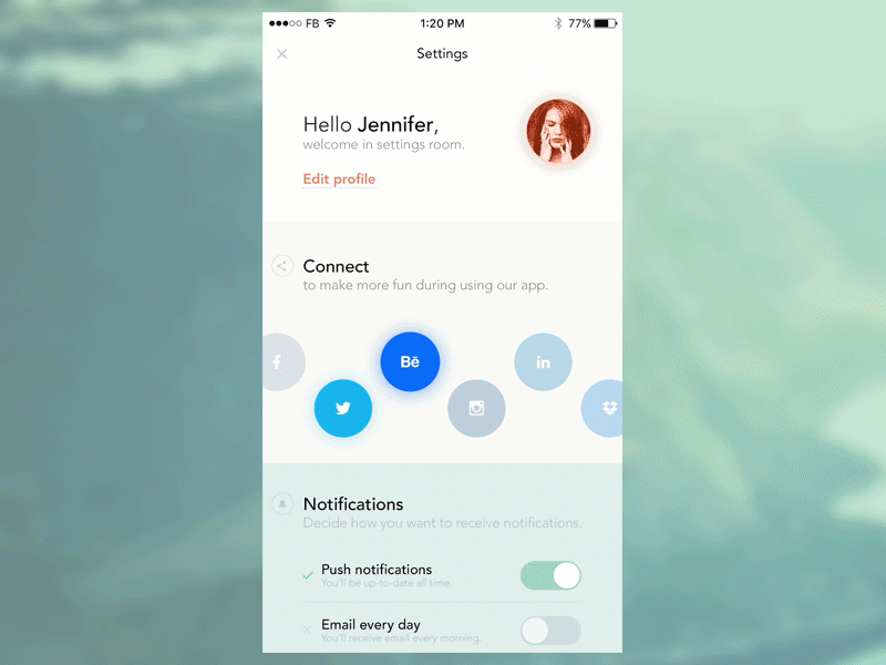 Settings - DailyUI #007 007 android app connect dailyui ios mobile settings slide social ui ux