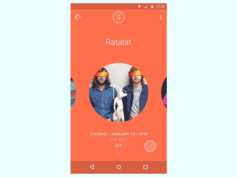 Transition android app cards concert material music principle prototype tickets transition ui