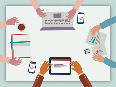 Busy table conference illustration laptop meeting office table