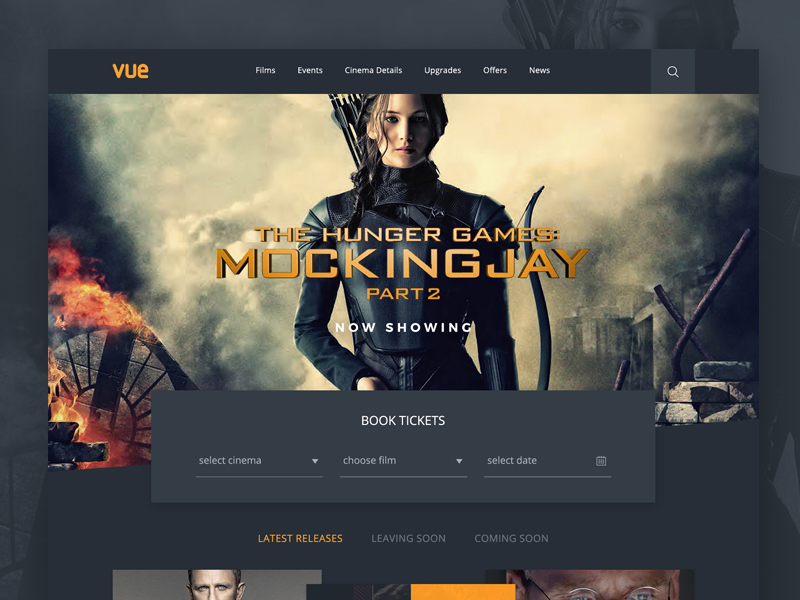 VUE Website Teaser cinema clean film flat hunger games modern movie spectre stream theatre ux website