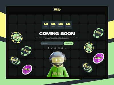 Coming soon page 3d character 3d mascot 3d robot 404 branding coins coming soon coming soon page design esports gaming graphic design illustration landing page launch page robot tokens ui web3