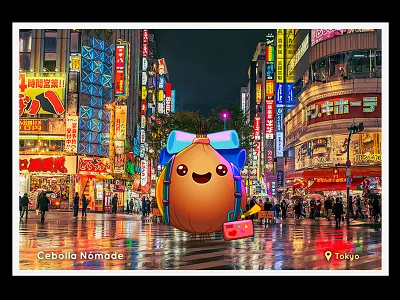 Cebolla en Tokyo! cebolla character design digital nomad japan mascot nomad onion personaje postcard tokyo vegetable