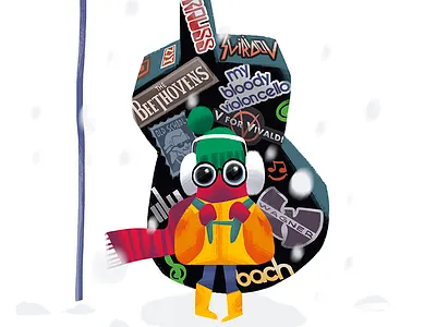 Mini Musician art cold concept draw foxhide glasses illustration music notes snow violoncello winter