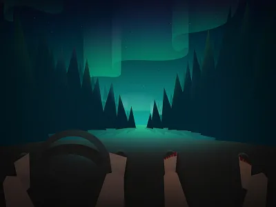 Getting warm aurora borealis car dashboard forest illustration night pines trees winter