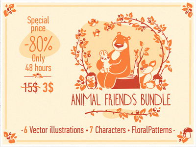 Animal Friends Bundle animals bear birds creative market cute floral fox hedgehog illustration kids rabbit vector