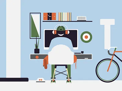 Workspace bicycle chair computer dachshund dog headphones illustration plant room vector workspace