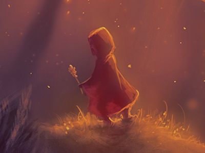 Girl in cape girl grass magical red sunset