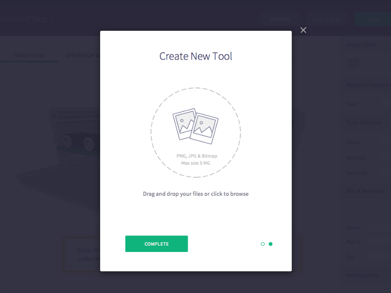 Create New Tool create dark desktop image modal popup simple software ui upload walk through