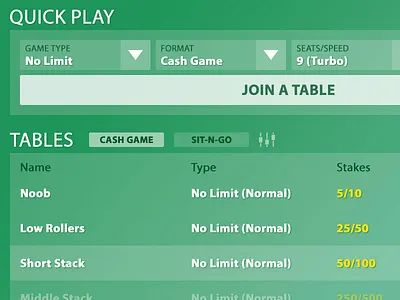 Poker Lobby filter flat game gradient green list lobby poker sort table