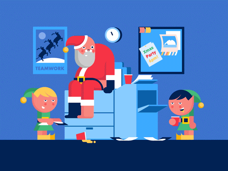 X Mas Party christmas elves gif motion office party photocopy santa vector