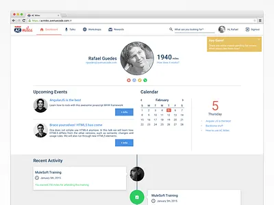AC Miles calendar dashboard events profile timeline web app