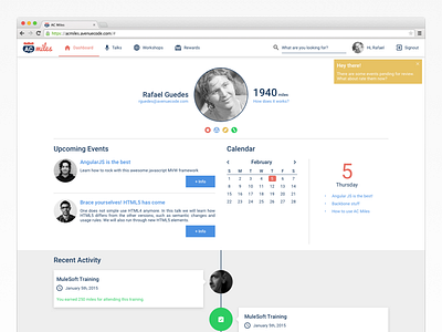 AC Miles calendar dashboard events profile timeline web app