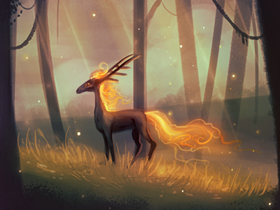 Firedeer animal deer fire fireflies forest glowing grass sun trees