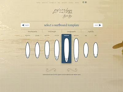 Select A Board beige interface surfboard ui website