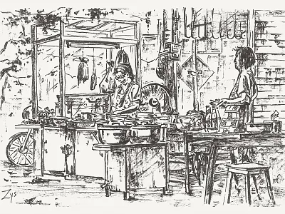 Cooking asian brushpen cooking drawing fine art hand drawn illustration ink monochrome patios streetfood urban
