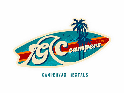 GC Campers camper classic illustration logo palms retro sea surfboard vintage