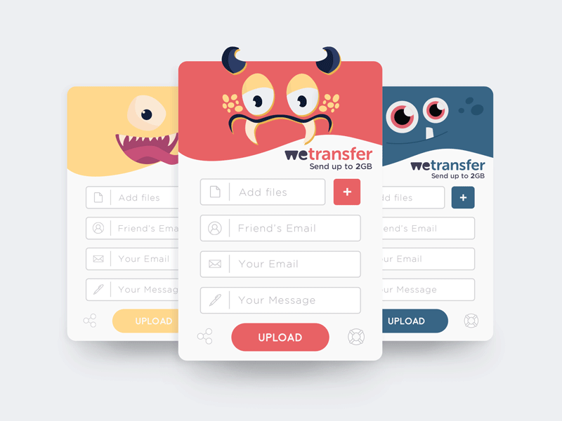 WeTransfer Tab Redesign add files blue card form monster red transfer files upload wetransfer yellow