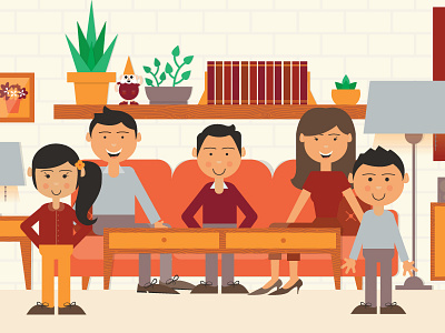 Family animation books character furniture lamp living room plants sofa table window