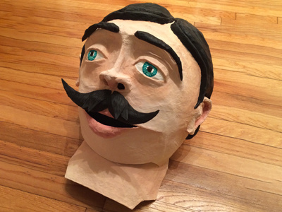 Paper mache big head big face flour head moustache paint paper paper mache sculpt sculpture wire