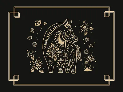 黑 Dark Horse 馬 asian black dark horse digital gold horse illustration paper cutting art