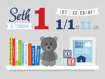 1st Birthday Party Invitation 1st banner bear birthday books first illustration invitation party shelf teddy bear