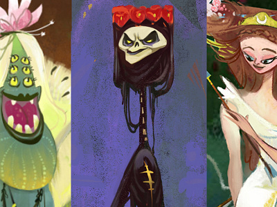 Character design animation artemis cartoony character design death illustration queen visdev