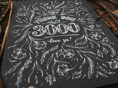 Thank you for 3000 Instagram's Followers - 2 chalk drawing flower handlettering handtype illustration leaves lettering nature white on black