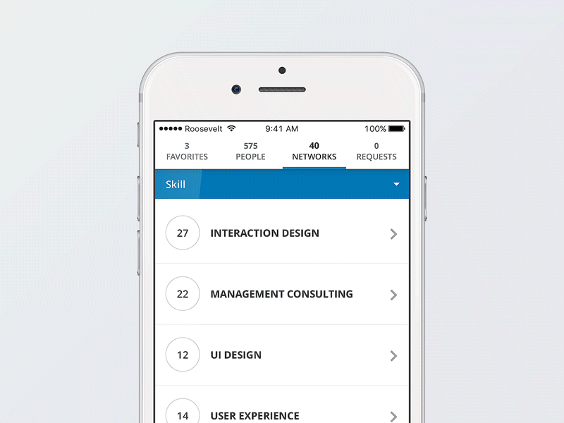 LinkedIn "Networks" ae animation app clean gif interface ios list mobile prototyping ui ux
