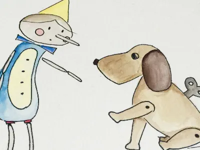 Pinocchio day to day life. children illustration pinocchio toy watercolour