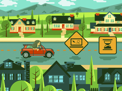 Roadblocks houses icons illustrations landscape trees