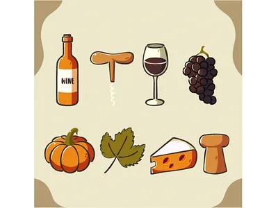 Artistic Collection of Wine, Cheese, and Pumpkins Illustration alcohol bar barrel bottle cheese collection delicious drink food glass grape ingredients label leaves liquor party set sticker vine wine