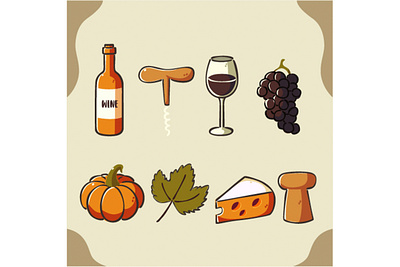 Artistic Collection of Wine, Cheese, and Pumpkins Illustration alcohol bar barrel bottle cheese collection delicious drink food glass grape ingredients label leaves liquor party set sticker vine wine