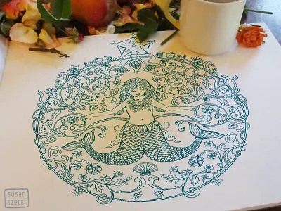 Mermaid Dream Coloring Linework coloring page dreamy fantasy line drawing mermaid pen drawing flowers sea symmetric