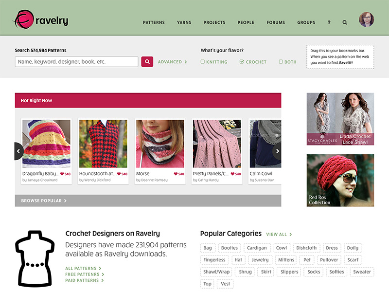 Example of Ravelry Patterns Landing Page