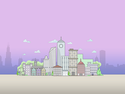 Landing Page Illustration (WIP) block building city cloud color drawing gradient home house illustration layout vector