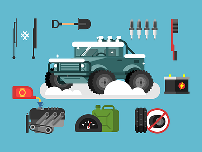 Car prepare for winter car flat illustration kit8 parts prepare vector winter